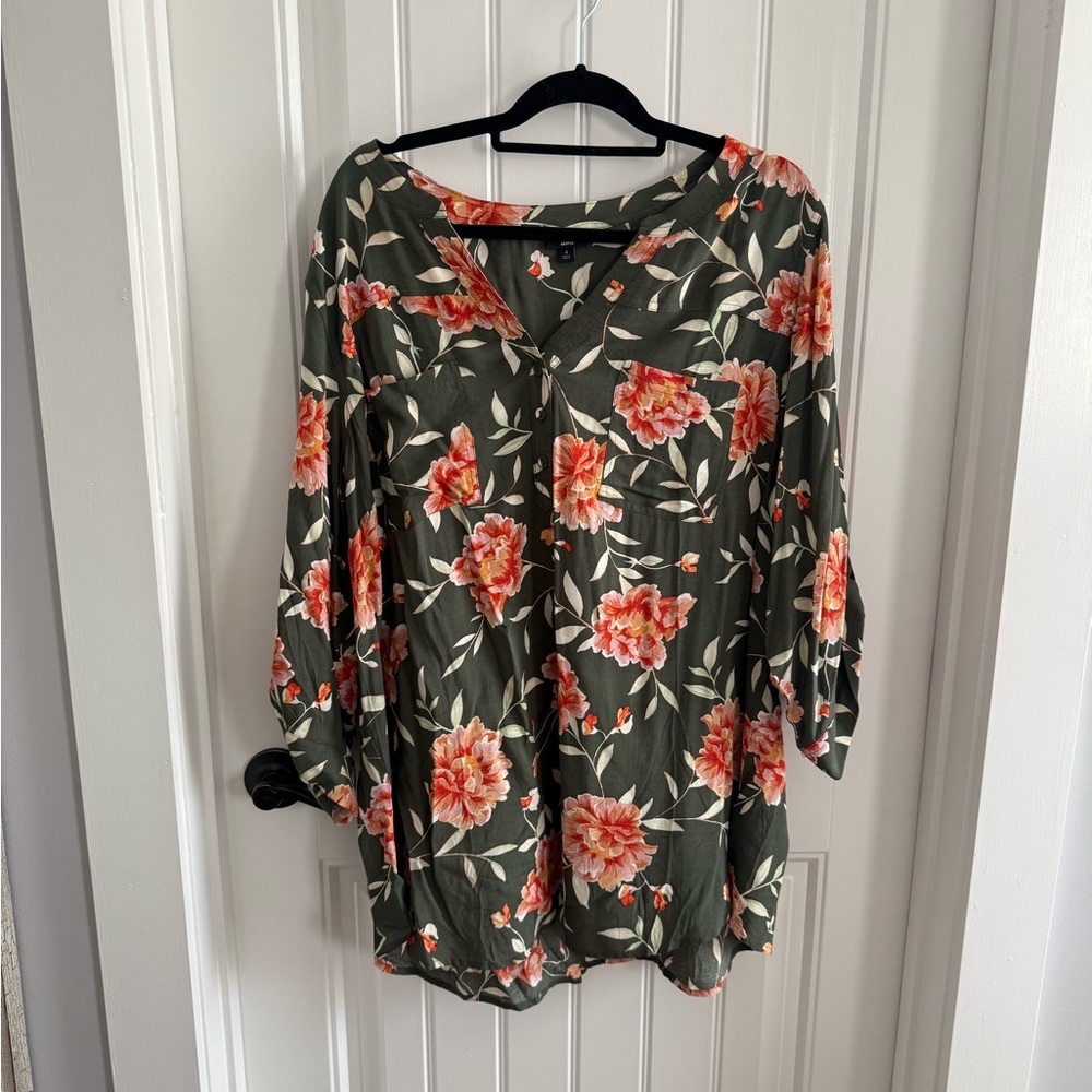 Torrid Floral Blouse - Olive and Coral